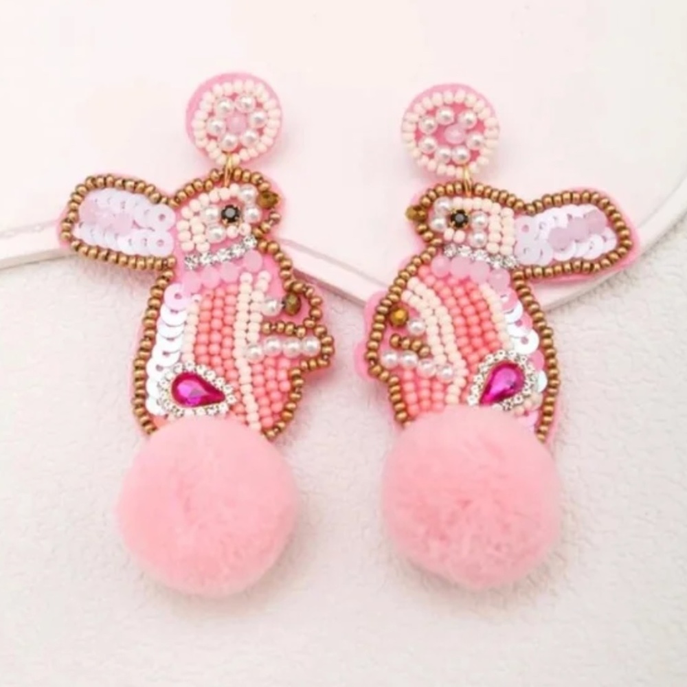 ❤️❤️ FREE Bunny Rabbit Beaded Boho Peasant Chic Easter Glam Festive Art Earrings
